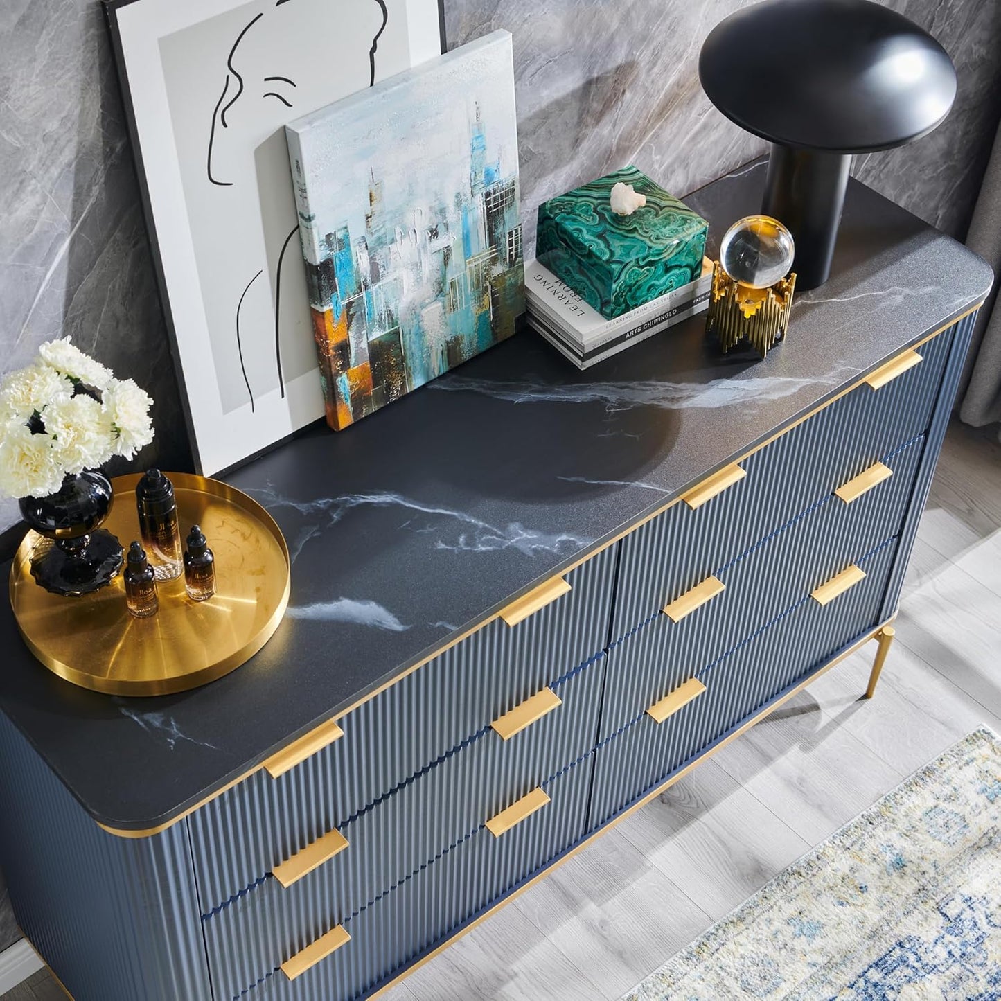 T4TREAM Fluted 6 Drawers Dresser for Bedroom, 54" Wide Modern Dresser TV Stand, Gold Accents, Fluted Fronts, Wood Storage Dressers Organizer for Bedroom, Living Room, Navy Blue