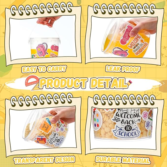 PerKoop 20 Pcs 32 oz Ice Cream Buckets with Lids and Handles Cocktail Rum Buckets for Drinks with 180 Back to School Stickers Clear Plastic Bucket Reusable Food Storage Containers for Parties