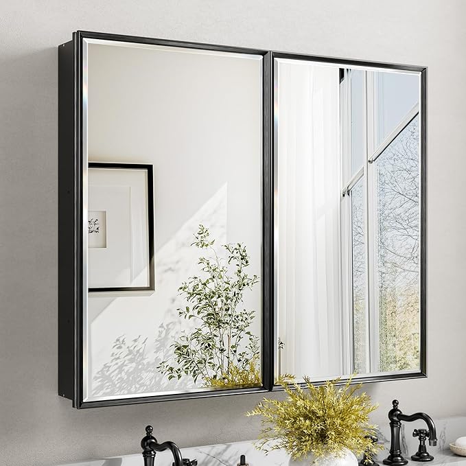 40x30 Inch Black Medicine Cabinet Mirror, Surface or Recessed Large Framed Medicine Cabinet with 2 Beveled Mirror Door & Adjustable Shelves,Shatterproof, Full-Assembled Storage Wall Cabinet