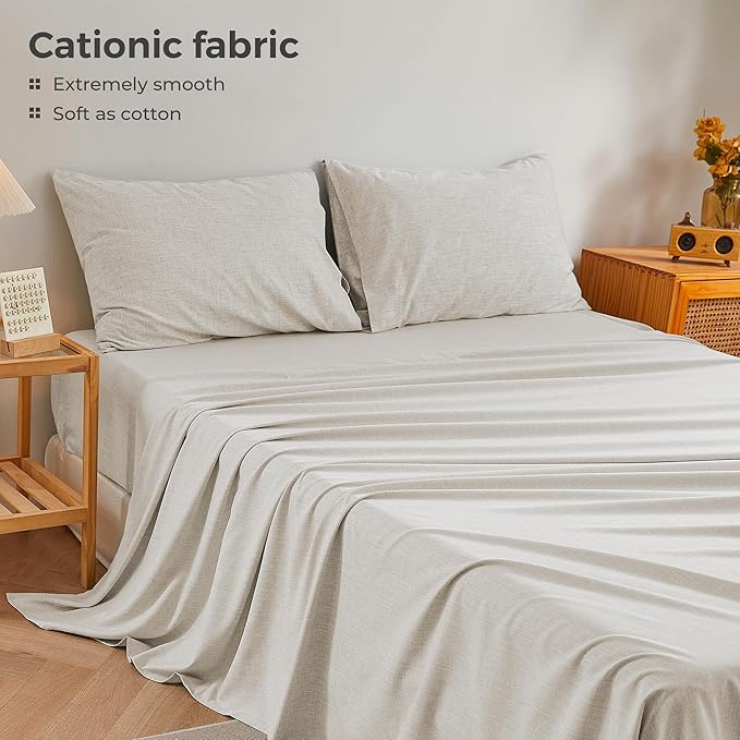 Full Sheets Khaki, Ultral Soft Cationic Linen Look Sheets, Luxury Cooling Cozy Bed Sheet Set with Non-Slip Fitted Sheet