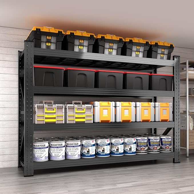 63” W 3000LBS Storage Shelves 4 Tier Garage Shelving, Heavy Duty Adjustable Metal Shelves Unit, Easy Assembly Stable Shelving for Industrial, Warehouse, Basement, 63"W x 24"D x 63"H, Black
