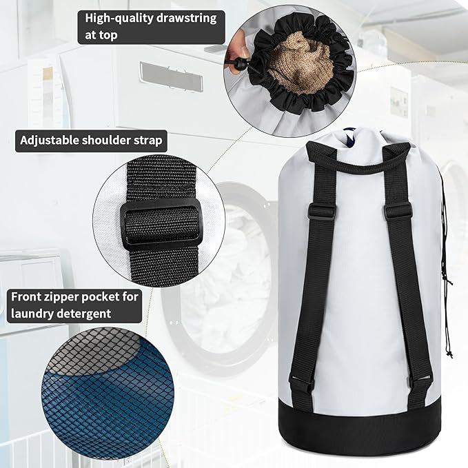 Laundry Bag Backpack with Shoulder Straps and Mesh Pocket Foldable Laundry Hamper for College, Apartment, Laundromat (White)