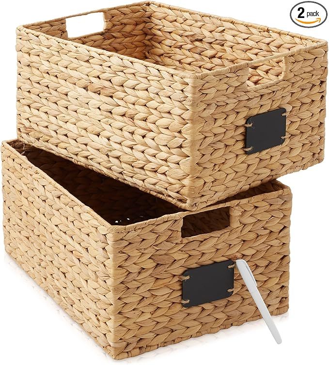 Casafield Set of 2 Water Hyacinth Pantry Baskets, 12-1/2" x 17" x 8", with Chalkboard Labels and Chalk Marker - Natural, Woven Storage Bin Organizers for Kitchen Shelves