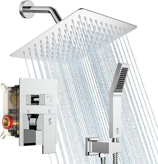 SR SUN RISE Shower System - Shower Faucet Set with 8 Inch Rain Shower Head and Handheld Shower - High Pressure Rain Shower System - All Metal Shower Faucet Trim Repair Kits - Polished Chrome