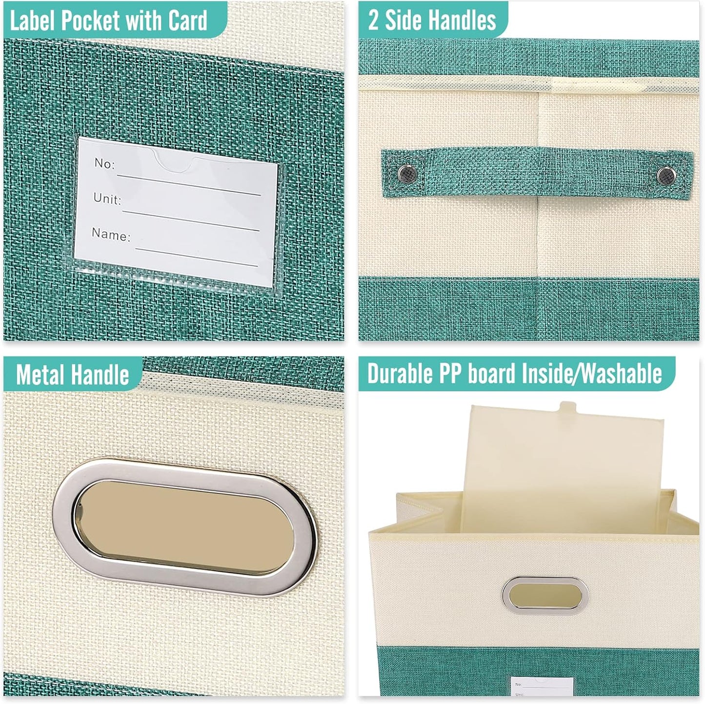 Large Linen Fabric Foldable Storage Bins with Removable Lid and Handles, Washable Storage Box Organizer Containers Baskets Cube with Cover for Bedroom,Closet,Office (Turquoise&Cream, Medium)