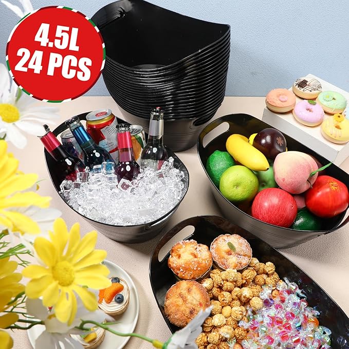 Norme 24 Pcs Oval Storage Tub with Handles, 4.5L Plastic Ice Bucket Wine Beer Champagne Bottle Drink Cooler Tub for Parties Beverage, Storage Basket (Black)