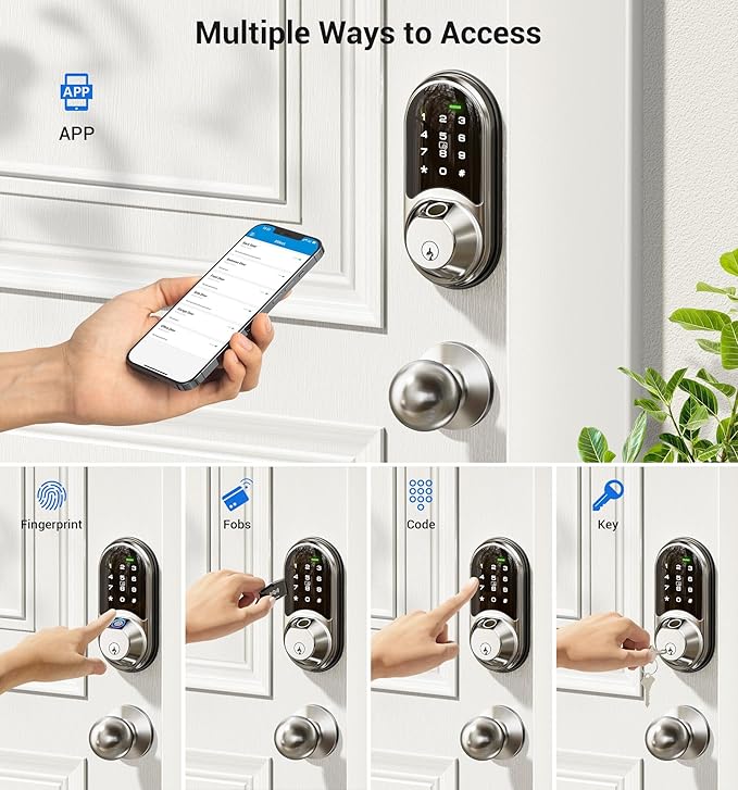 Veise RZ07C Smart Locks for Front Door, 2 Knob Handle Set, Fingerprint Keyless Entry, App Control Biometric Lock, Electronic Digital Touchscreen Keypad Deadbolt, Easy Install, Auto Lock, Satin Nickel