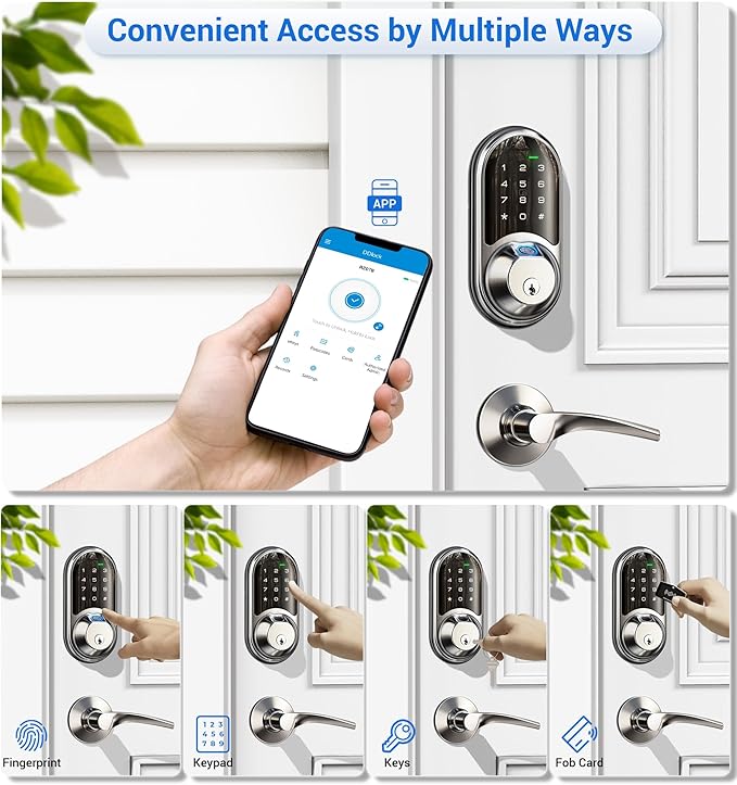 Veise RZ07B Smart Locks for Front Door, 2 Lever Handles, Fingerprint Keyless Entry, App Control Biometric Door Lock Set, Touchscreen Keypad Deadbolt, Easy Install, Auto Locking, Satin Nickel