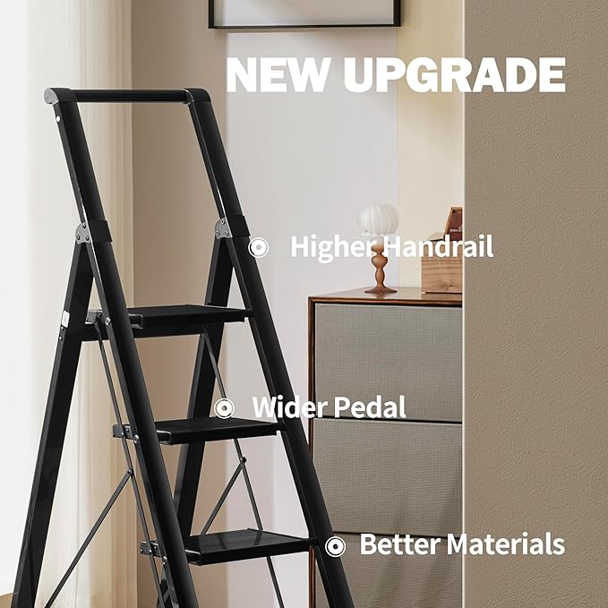 Taranta 5 Step Ladder, Liahtweight Aluminum Laddewith Handgrip, Portable Folding Stepladder with Anti-SlipPedal for Home, Ofice, Kitchen 300lbs - Black
