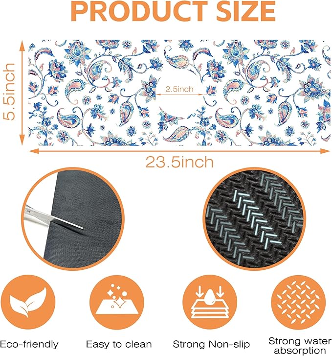 Kitchen Faucet Mat Watercolor Ceramic Floral Kitchen Sink Splash Guard Faucet Mat,1 PC Splash Guard Behind Faucet Drip Catcher for Kitchen,Dish Drying Mat,Bathroom Faucet Mat 15.5""X5.5""