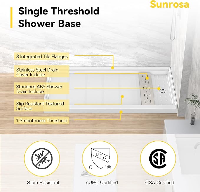 Sunrosa Shower Base 60"×36"×4", Single Threshold Shower Bases with Right Drain, Rectangle Solid Surface White Shower Pan, Slip Resistant Textured Surface, Include Stainless Steel Chrome Cover