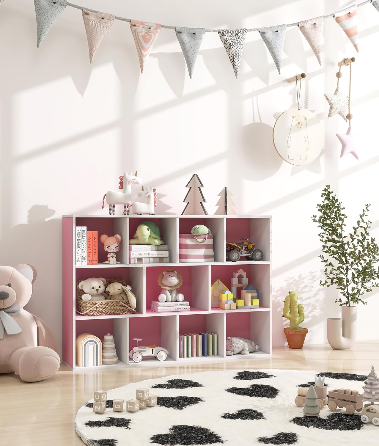 11-Cube Pink Kids Bookshelf and Toy Organizer – Wooden Storage Shelf for Girl’s Room and Nursery, Ideal Gift for Toddlers and Preschoolers