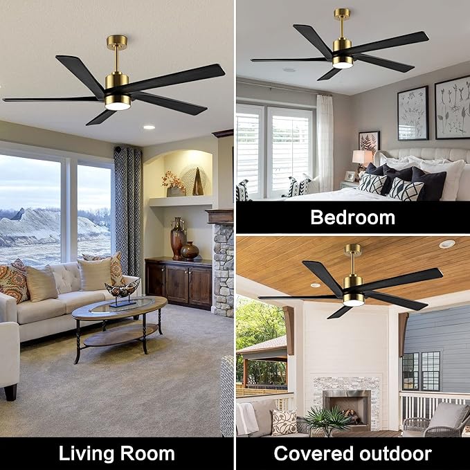 WINGBO 54 Inch DC Ceiling Fan with Lights and Remote Control, 5 Reversible Carved Wood Blades, 6-Speed Noiseless DC Motor, Modern Ceiling Fan in Brass Finish with Black Blades, ETL Listed