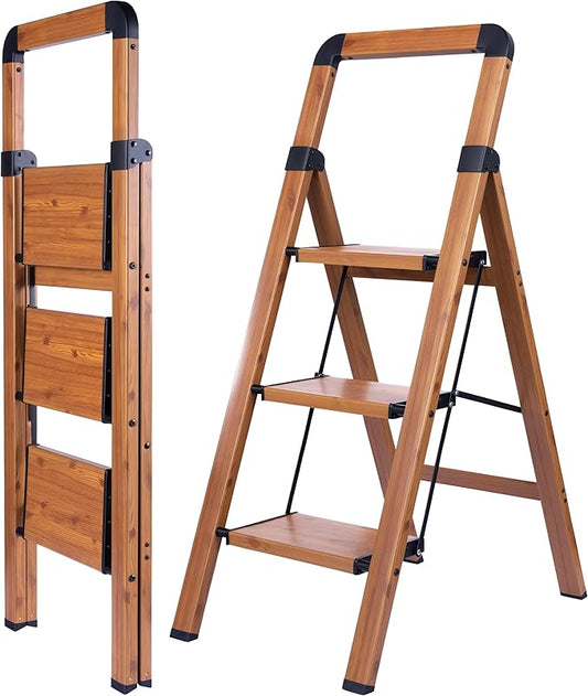 Step Ladder Folding 3-Step Ladders Aluminum Woodgrain Finish Step Stool Anti-Slip Portable Sturdy for Home & Kitchen Office 330 lbs