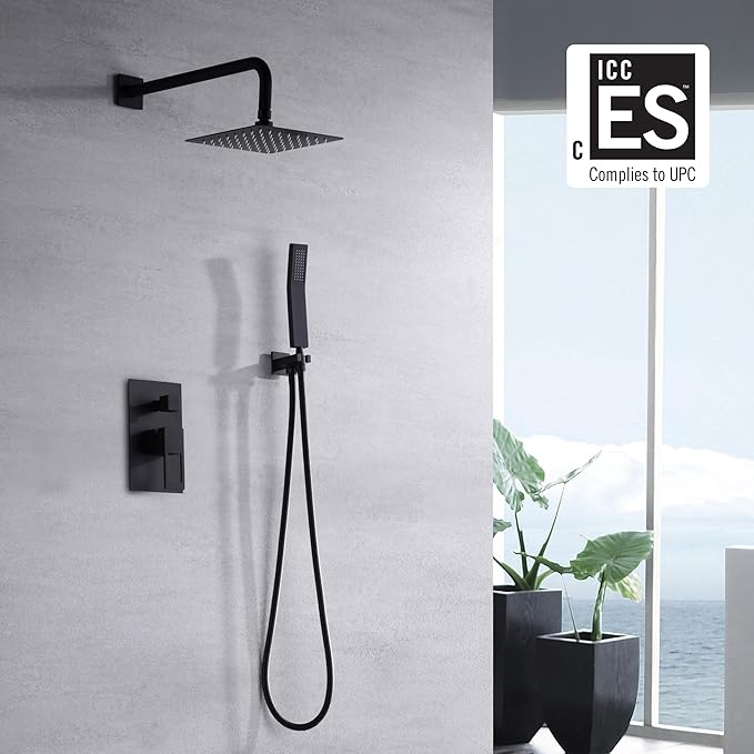 sumerain Matte Black Pressure Balance Shower Systems with 8 Inches Rain shower and Handheld, Rough-in Valve Body and Trim included