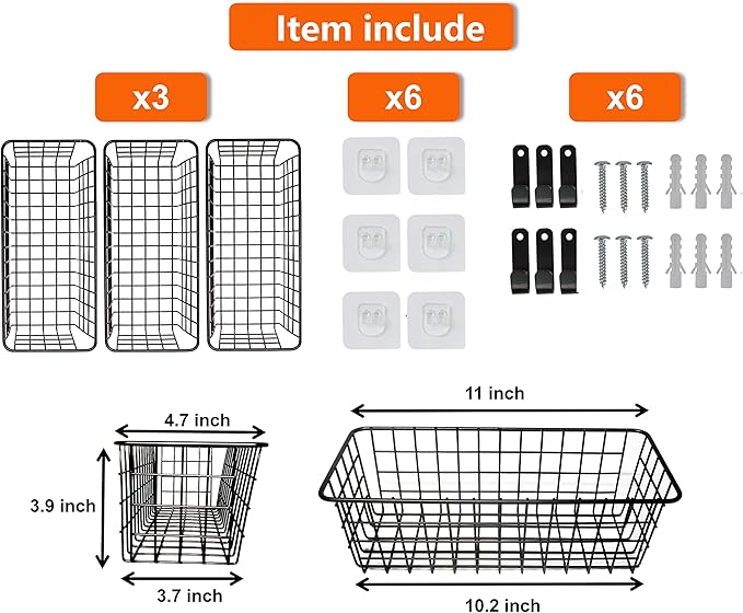 Joben Oligey 3 Set Hanging Wire Baskets ,Wall Mount Fruit Basket,No Drilling,Adhesive Small Metal Basket,Farmhouse Food Storage Mesh Bin Kitchen Pantry Laundry Bathroom Closet Garage RV ,Black