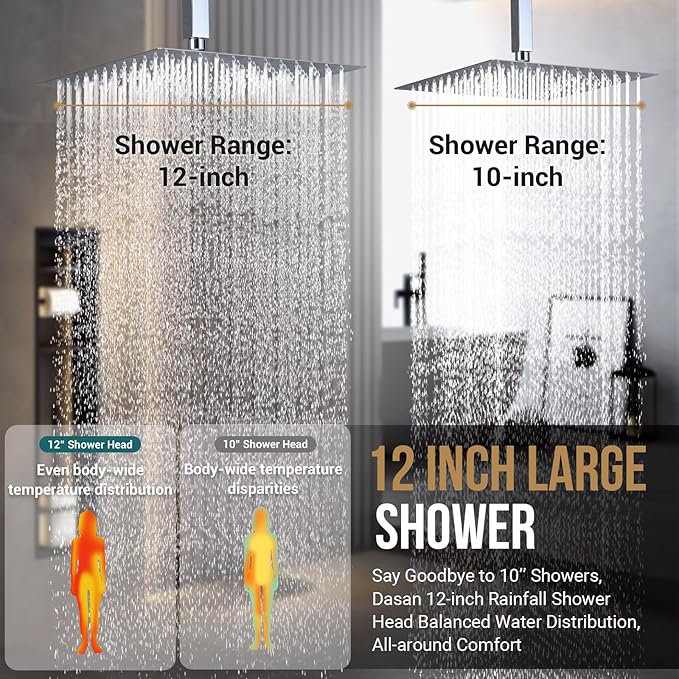 Polished Chrome Shower System with 4 PCS Shower Body Spray Jets & 12’’ Ceiling Shower Head & Handheld Spray, DASAN Full Body Shower Faucet System with Jets Rainfall Shower Combo Set, SA-SS03BCH-S12C