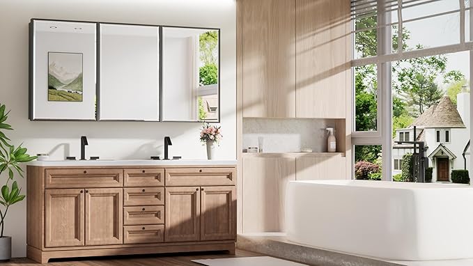 TokeShimi 60x30 Recessed Medicine Cabinet with Mirror, Black Medicine Cabinet Mirrored Aluminum Alloy, Wall Mounted Metal Beveled Mirror with Storage for Bathroom Vanity