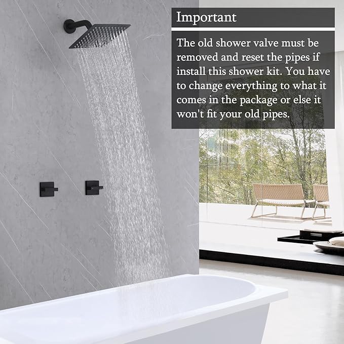 2 Handles Shower Faucet Set,Two Handle Shower with 8'' Stainless Steel Shower Head Combo Set,Single Function Shower Trim Kit with Rough-in Valve,Matte Black