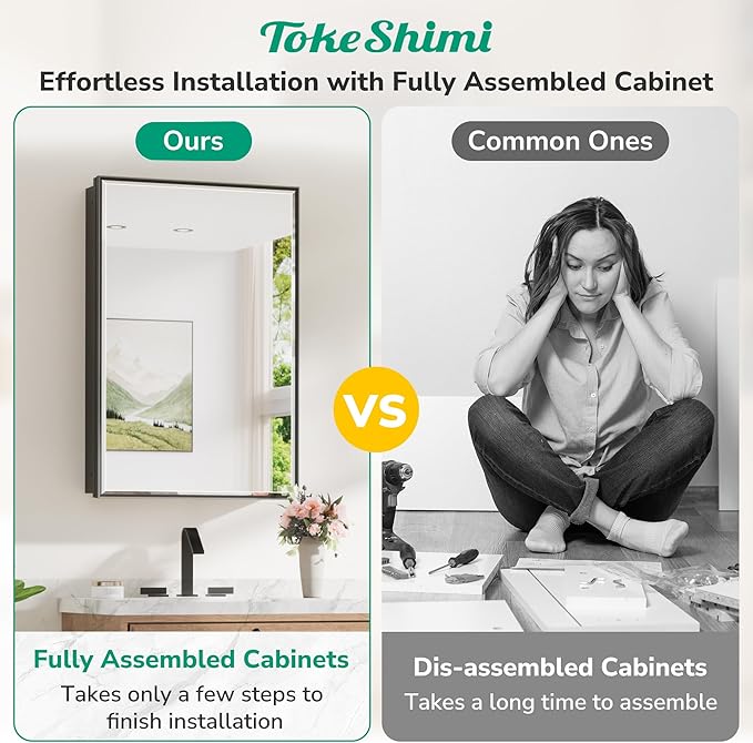 TokeShimi 16x24 Recessed Medicine Cabinet with Mirror, Black Bathroom Medicine Cabinet with Mirror, Bathroom Mirror with Storage, Beveled Aluminum Frame
