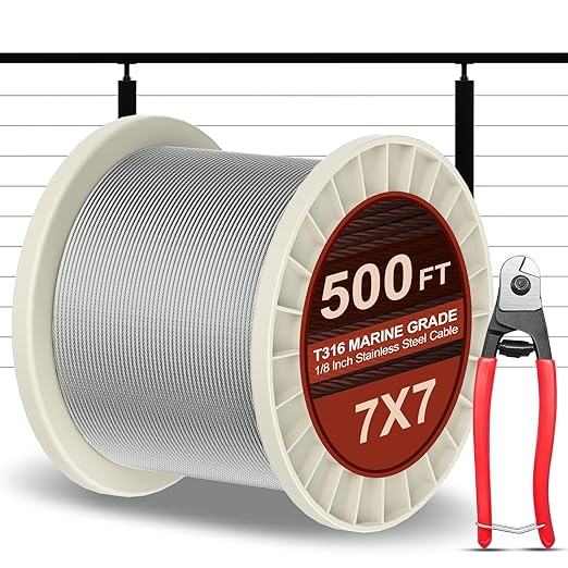 BLIKA 500FT 1/8" Stainless Steel Cable with Cutter, T316 Marine Grade, Stainless Steel Wire Rope 7x7 Strand Construction, 1850lbs Breaking Strength Aircraft Cable for Deck Cable Railing, Silver