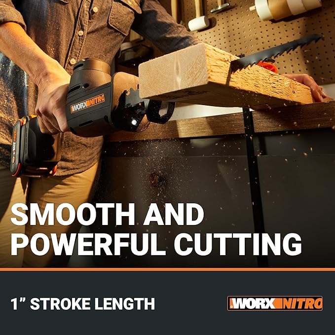 WORX 20V Compact Electric Cordless Reciprocating Saw, 1” Stroke Length, Brushless Motor for 50% Longer Runtime, Lightweight Design for One-handed Operation –Battery & Charger Included WX501L