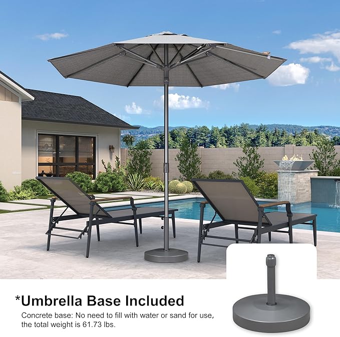 PURPLE LEAF 9 FT Semi-Auto Outdoor Patio Umbrella with Base Market Table Sun Umbrellas with 8 Aluminum Sturdy Ribs for Backyard Deck Garden Pool (Gray Pole Gray Canopy)