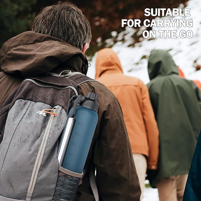 Glass Water Bottles with Straw -32oz- Water Bottle Phone Holder for Gym Large Motivational Water Bottle with Time Marker Glass Drinking Bottles 2 Lids - Spout & Bamboo Straw Lid(Dark Blue)