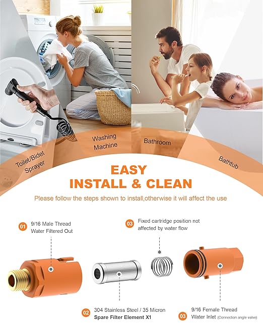 G3/8 (9/16") Sediment Water Filter with 12" Hoses - 35 Micron Reusable House Under Sink Inline Water Filter Conncet Angle Valve, Compression Fitting for Sink Faucet Bathroom Kitchen (2 Pack)