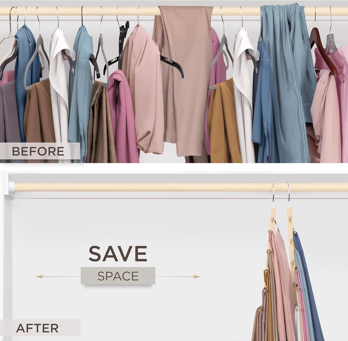 MORALVE Pants Hangers Space Saving - 2 Pack European Beechwood Scarf and Jean Hangers - Closet Organizer and Space Saver Pant Rack, Leggings Hanger, and Scarf Holder with 360° Swivel Hook