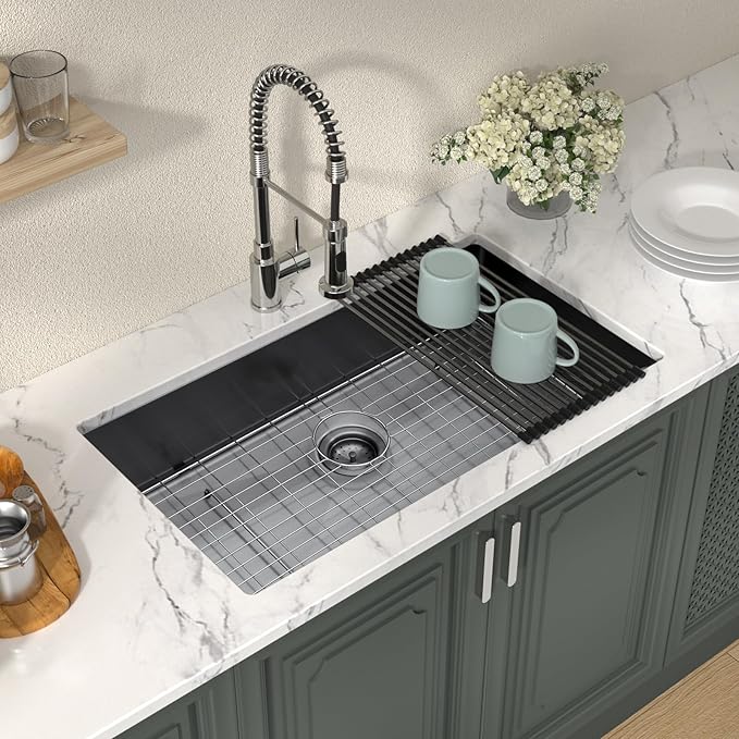 Lordear 32 Black Kitchen Sink Undermount 32" x 19" x 10" Gunmetal Black 16 Gauge Stainless Steel Single Under Counter Rectangular Handmade Sinks Basin