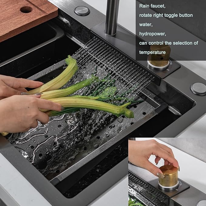 30"Kitchen Sink with Faucet Combo Waterfall Black Stainless Steel Waterfall Sink Kitchen Countertop Multi-Functional Sinks Farmhouse Undermount or Countertop Drop in