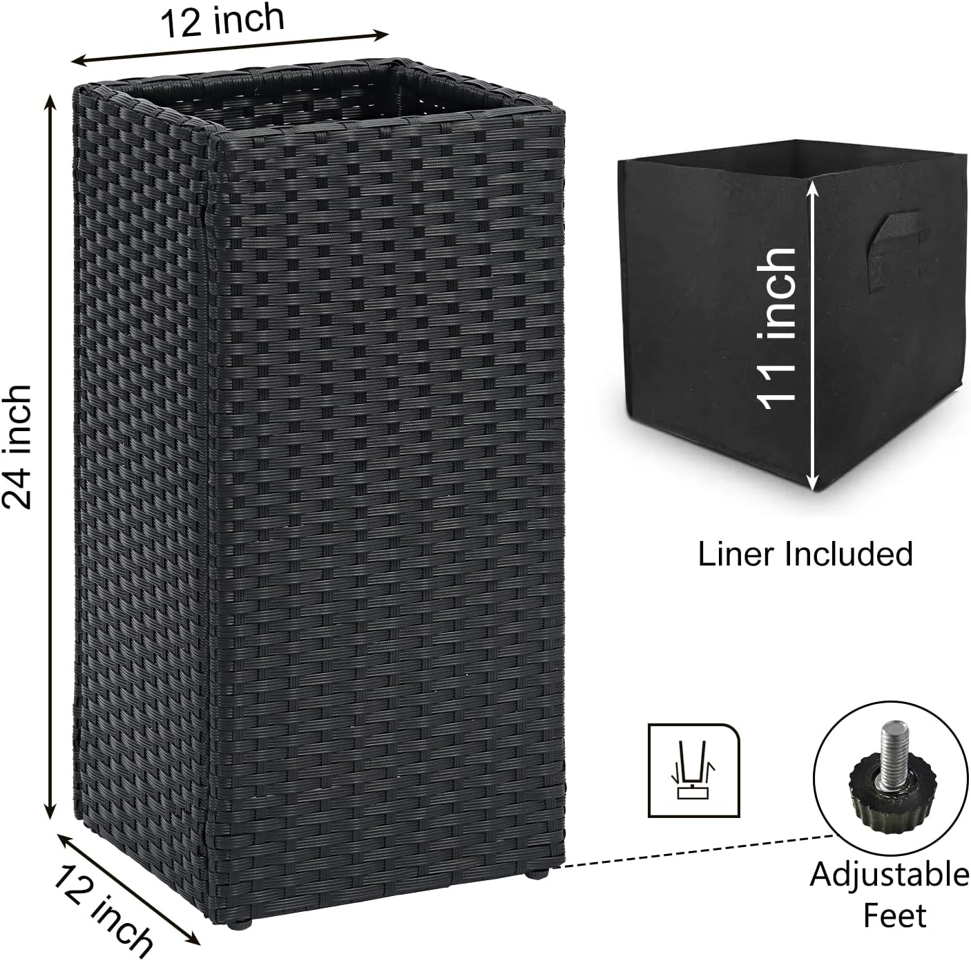 SUNNYPARK 2 Pack Tall Planters for Outdoor Plants Rattan Modern Tall Square Planter Box with Removable Liners Indoor Outdoor Porch Patio Flower Pot (12’’ x 12’’ x 24’’)