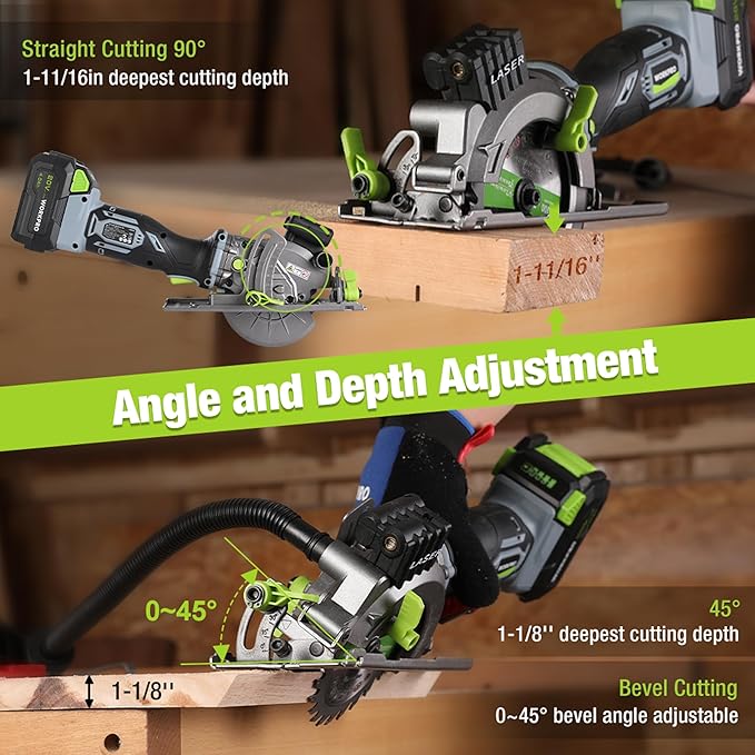 WORKPRO 20V Cordless Mini Circular Saw, 4-1/2" Compact Wireless Circular Saw 4.0Ah Battery, Fast Charger, 3 Blades, 4500RPM, Laser Guide, Max Cutting Depth 1-11/16"(90°), 1-1/8"(45°)
