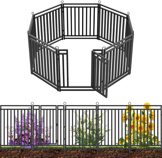 Decorative Garden Fence Metal Dog Fence Outdoor for Yard, 18ft (L) × 32in (H), 7 Panels + 1 Gate, Heavy Duty Animal Barrier Fencing for Patio & Flower Bed, No Dig, Black-Silver