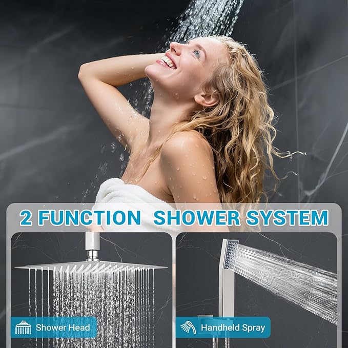 Ceiling Mount Shower Faucet Set Square Showerhead Bathroom Rainfall Shower System Stainless Steel Shower Trim Kit 10 Inches (Brush Nickel)