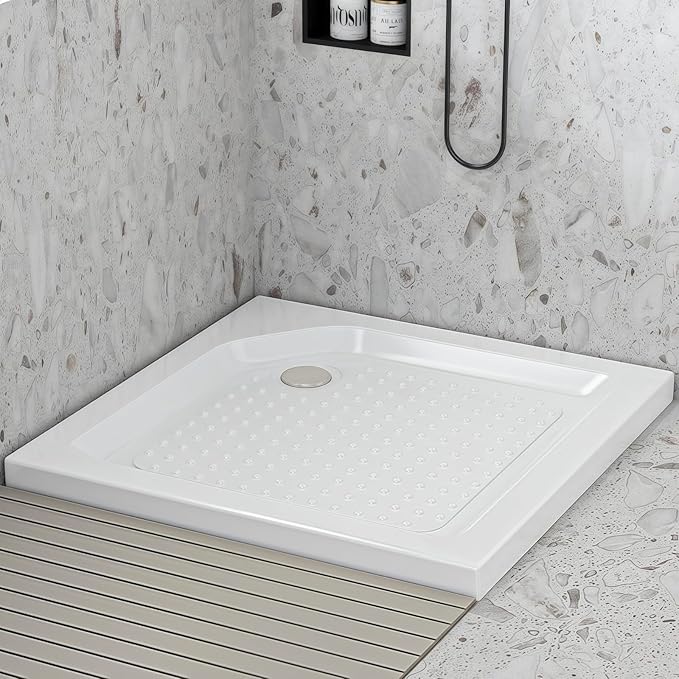 36" L x 36" W x 5.5" D Shower Base with Corner Drain, Shower Pan with Slip Resistant Textured Surface, White Acrylic and Fiberglass Shower Floor Base, Drain and Cover Included