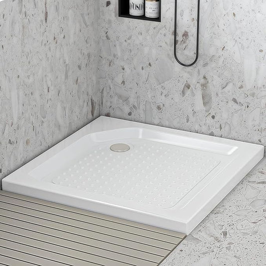 36" L x 36" W x 5.5" D Shower Base with Corner Drain, Shower Pan with Slip Resistant Textured Surface, White Acrylic and Fiberglass Shower Floor Base, Drain and Cover Included