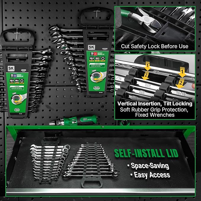 SK Ratcheting Wrench Set, Combination Wrench Set, 25-Piece, SAE 1/4" to 1", Metric 8 to 19mm, 72-Tooth, Premium CR-V Construction, with Rack Organizer