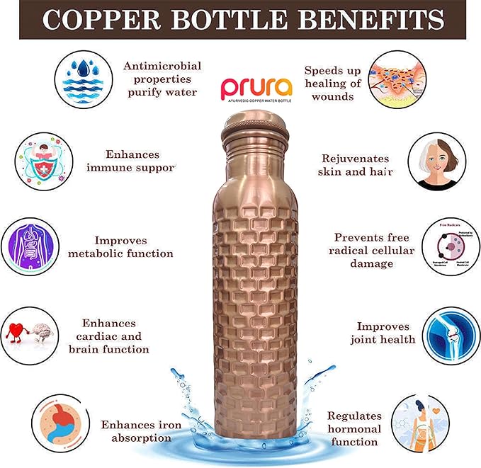 Handcrafted Pure Copper Drinking Water Bottle |Copper Water Bottle with Lid - Ayurvedic Copper Water Bottle with Copper Vessel - Drink More Water Bottle Bricks Designed -30 Oz