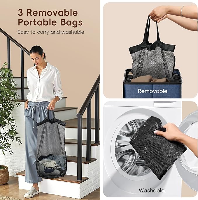 185L Laundry Hamper 3 Section, Laundry Hamper with Lid, Dirty Clothes Hamper with 3 Removable Washing Bags, Extra Large Laundry Basket Organizer for Bedroom, Laundry Room, Dorm - Navy Blue