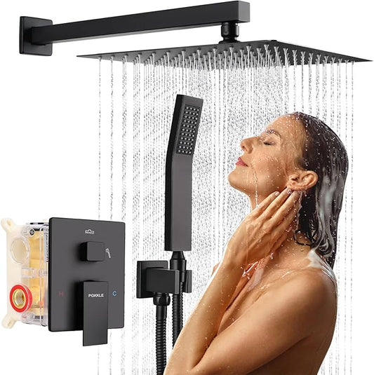 10 Inch Rainfall Shower System - Wall Mounted Complete Combo with Solid Brass Pressure Balancing Valve, High Pressure Shower Head, Handle Set & Installation Accessories Matte Black