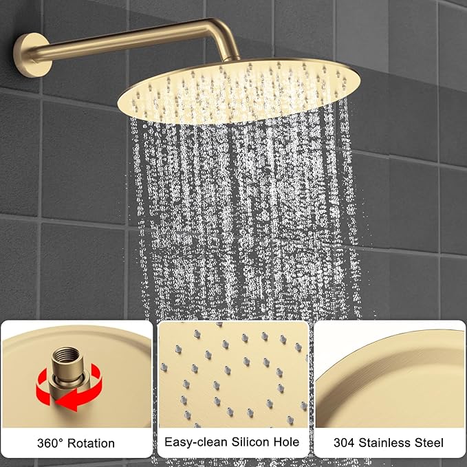 Shower Faucet Set Brass 12IN Rough-In Valve Body Trim Kit Rainfall Included Handle Accessories Complete 2 Functions with Rain Head and Handheld Bathroom Systems (12'', Brushed Gold)