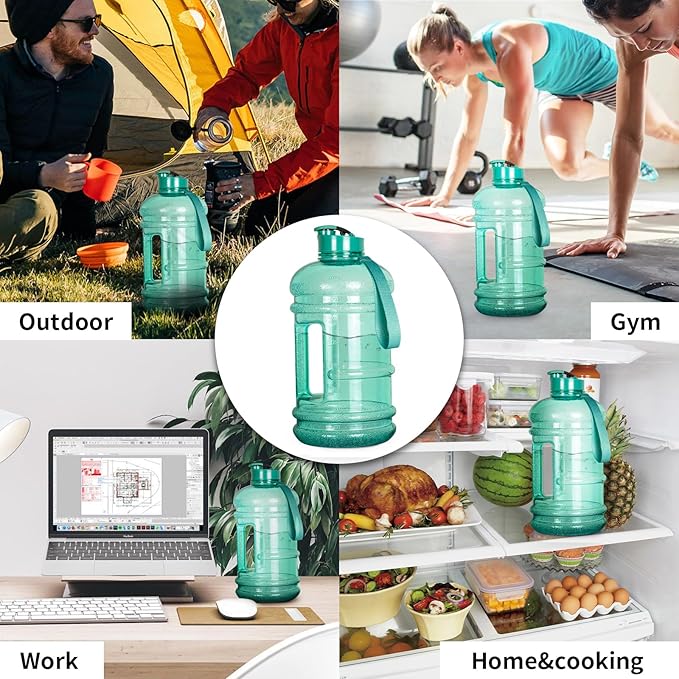 TOOFEEL Half Gallon Water Bottle with Flip Lid - 2 Liter Water Bottles BPA Free - Ideal for Gym, Big Water Bottle with Measurements Marked Drink Container - 2.2L 74oz Transparent Mint Greent Bottle