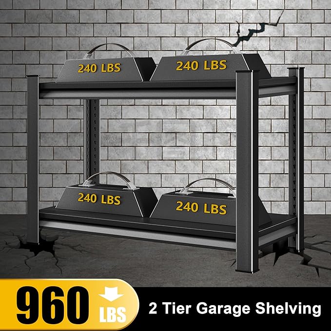40" W Garage Shelving Heavy Duty, 960LBS Loads Garage Storage Shelves Heavy Duty, 2-Tier Metal Shelving Units and Storage Racks, Industrial Utility Shelf,40" Wx18 Dx36 H, Black