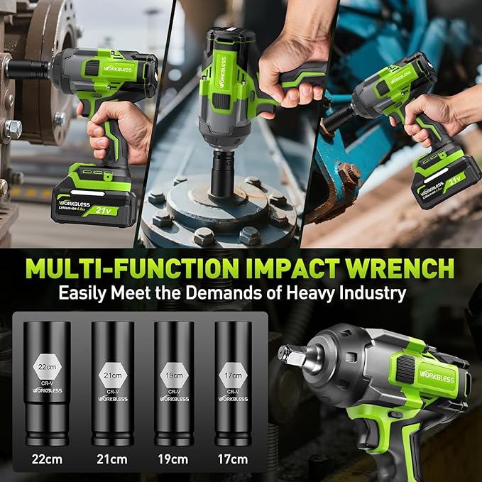 1/2 Impact Gun, 1500Nm (1100Ft-lbs) High Torque Brushless, Cordless Impact Wrench with 20V 4Ah Battery, 3-Speed, 4 Cr-V Sockets, LED Light, Variable Speed, Electric Wrench for Car Tire, Mower Lug Nut