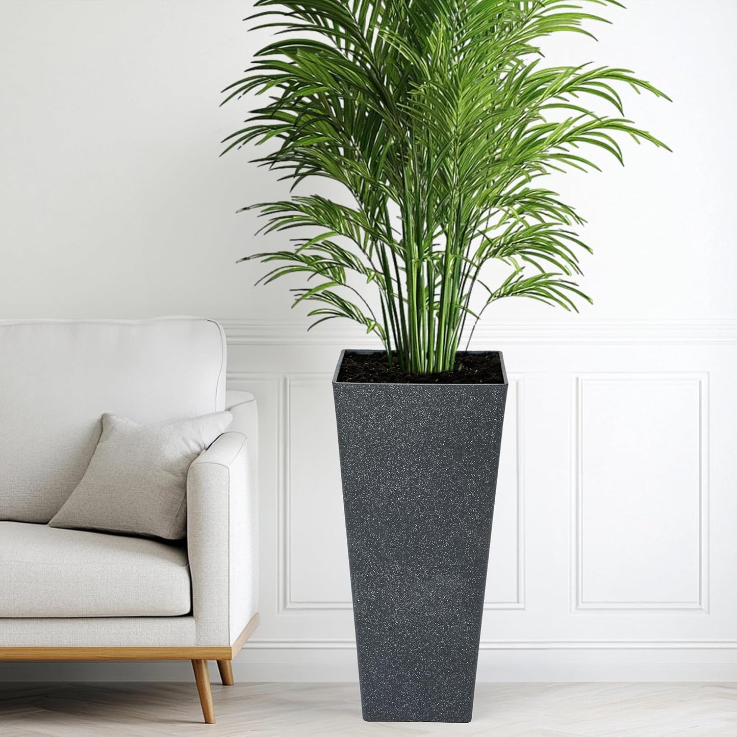 28" Large Tall Square Planters for Outdoor Plants, Set of 2 V-Shaped Planter Box with Black Terrazzo Look, Durable and Weather Resistant, Ideal or Garden, Patio, Porch or Home use.