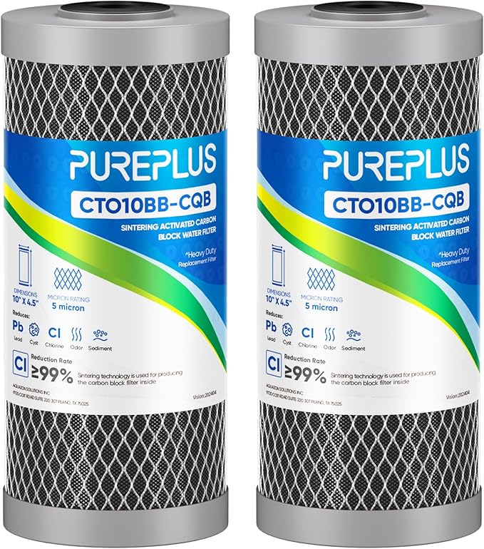 PUREPLUS 5 Micron 10" x 4.5" Whole House Lead Removal Water Filter, Enhanced Coconut Shell Activated Carbon Water Filter, Replacement Cartridge, CTO10BB-CQB, 2 PACK