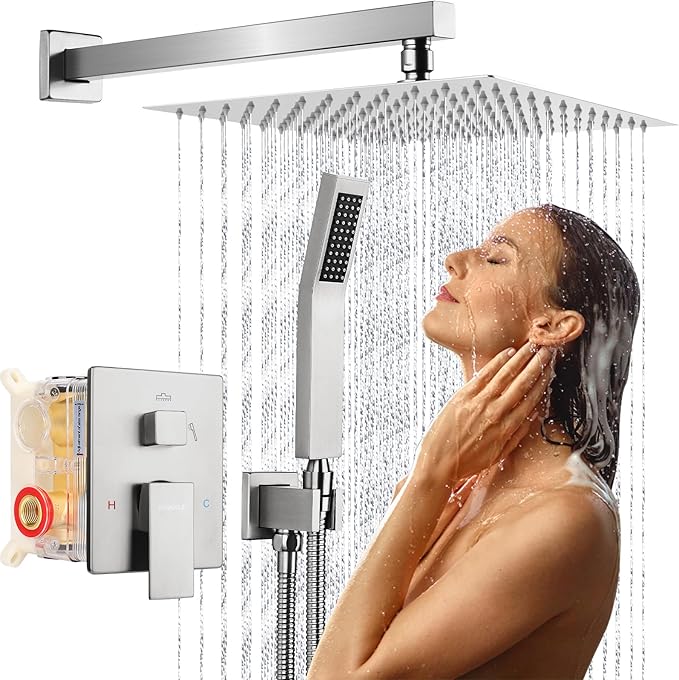 10 Inch Rainfall Shower System - Wall Mounted Complete Combo with Solid Brass Pressure Balancing Valve, High Pressure Shower Head, Handle Set & Installation Accessories Nickel