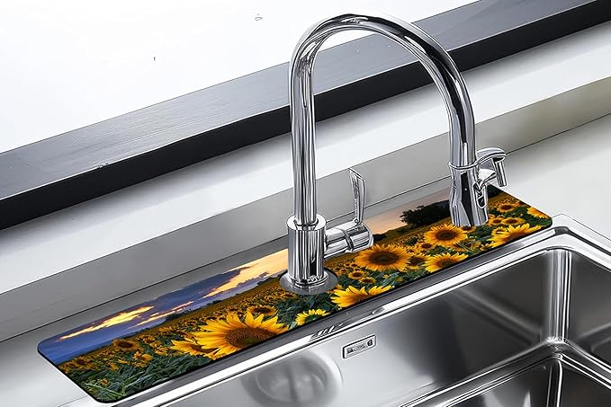Kitchen Sink Splash Guard Faucet Mat Sunflowers Blooming at Sunset Sink Splash Guard Behind Faucet,1 PC Soft Diatom Mud Non-Slip Mat-for Kitchen,Dish Drying Mat,Bathroom Faucet Mat 23.5"X5.5"